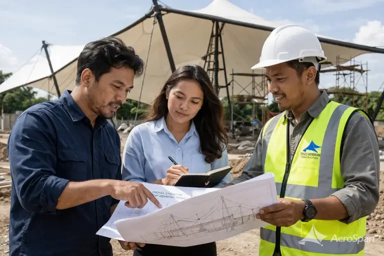 Tim AeroSpan memasang panel membran pada rangka baja