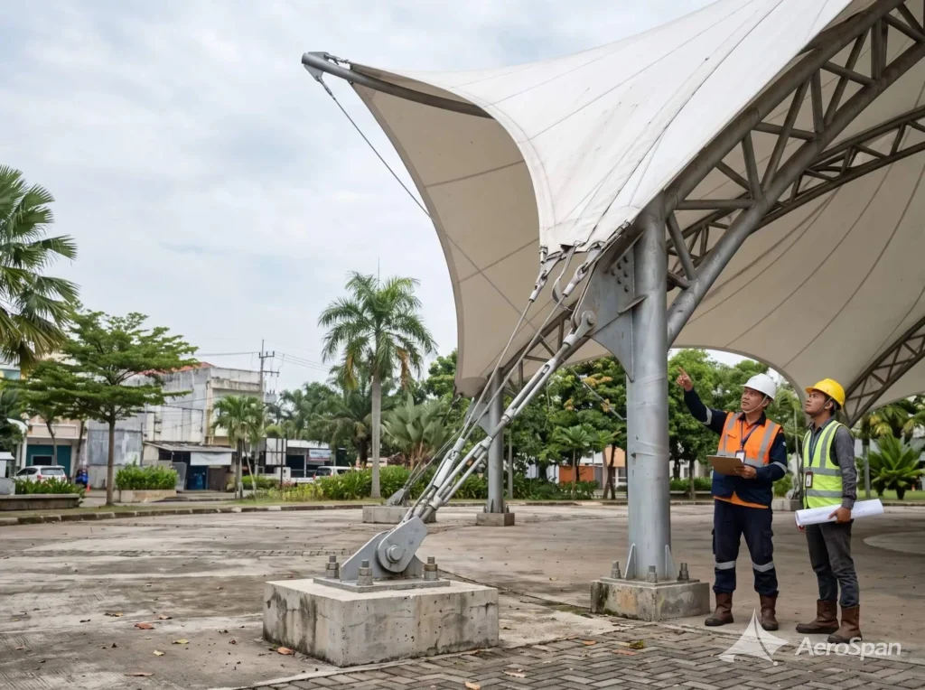 Tim AeroSpan memeriksa kabel dan rangka baja struktur membran
